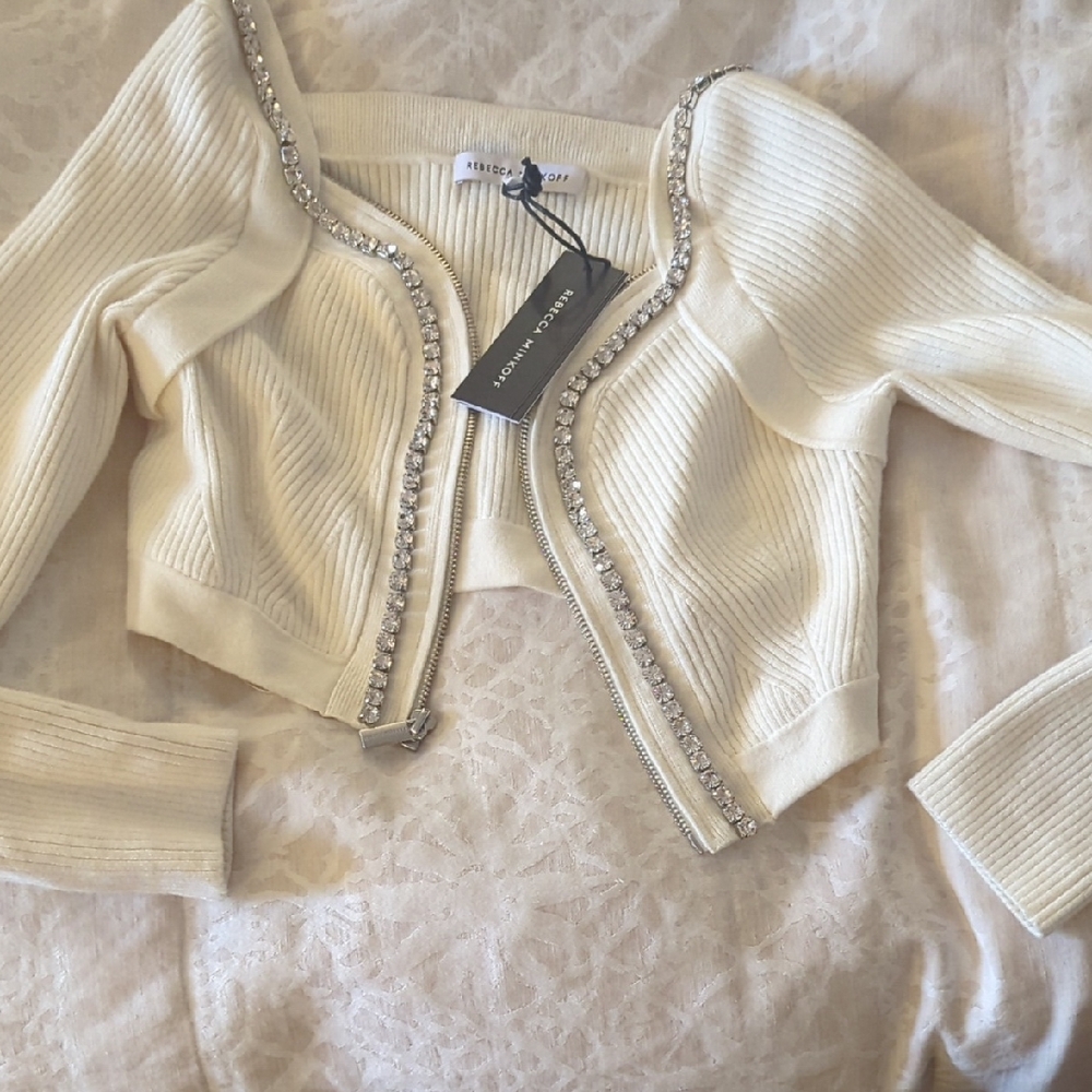 Rebecca Minkoff Cream Cropped Sweater with Rhinestone Trim